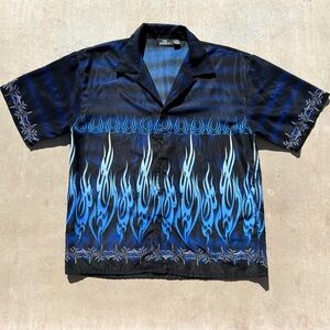 Mens Vintage Y2K Blue Flame Tribal Barbed Wire Shirt